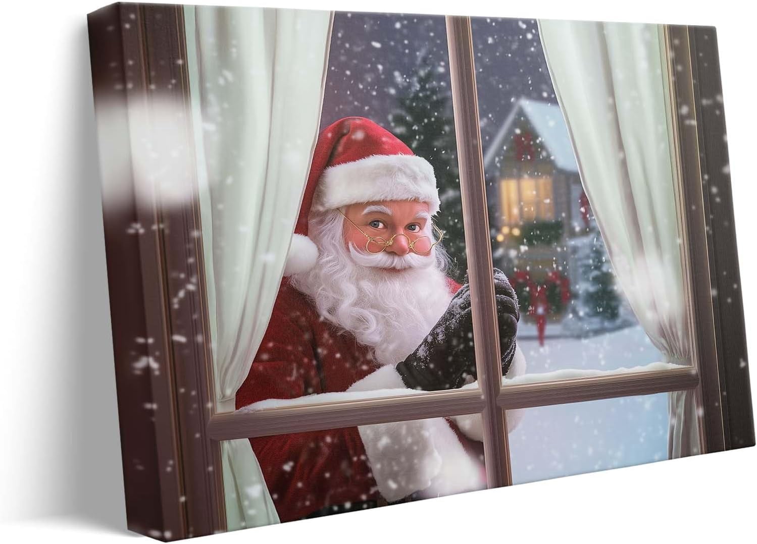 Christmas Santa Claus Peeking Through Window Canvas wall art decor, Cozy Winter Holiday Wall Art for Living Room, Bedroom or Office, Unique Christmas Gift for Family and Friends 16X20inch