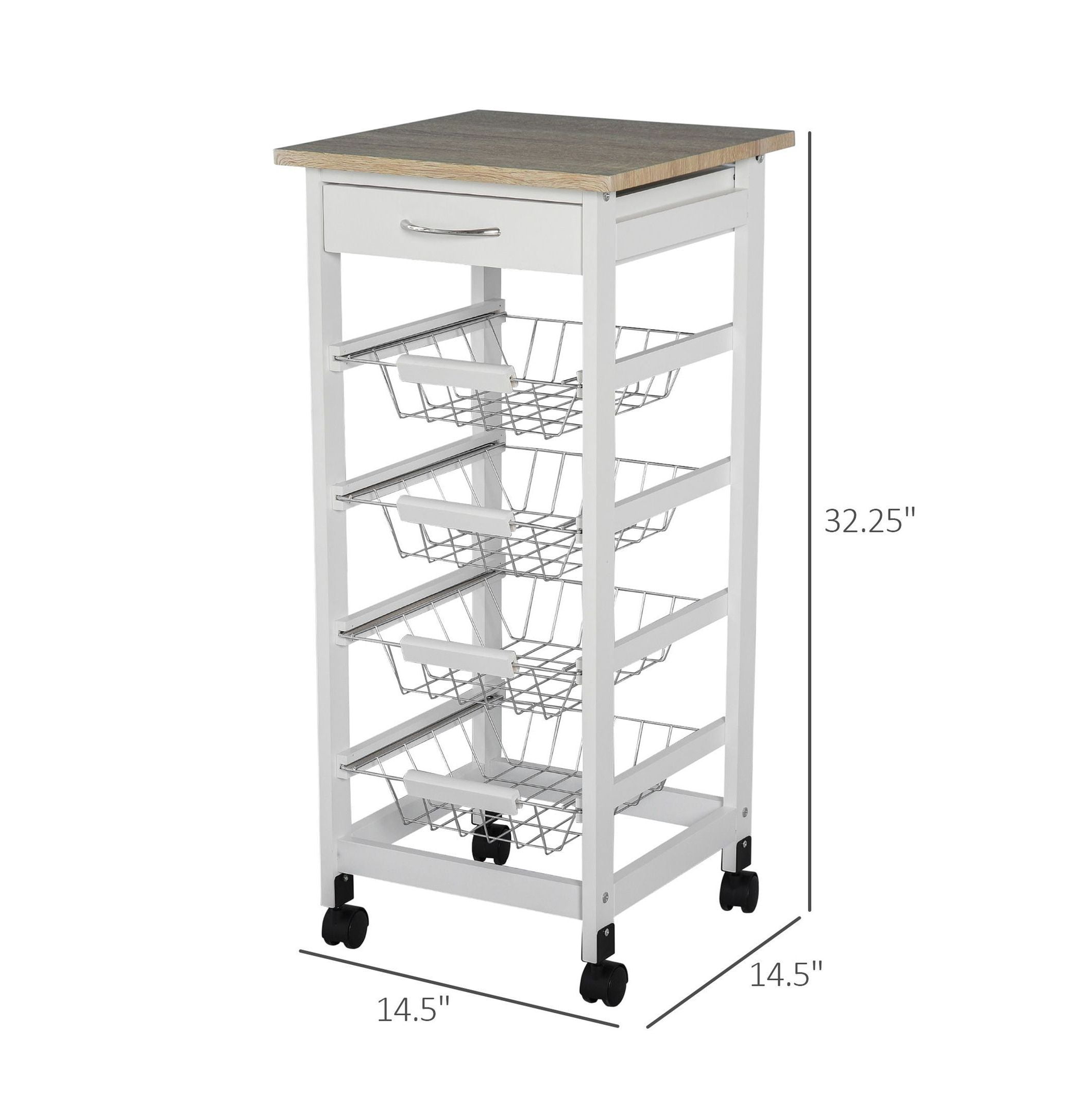 Kitchen Cart with Wheels, 32.25" Rolling Island, White Wood Storage Cart with Drawers & Baskets, Microwave Cart for Kitchen, Living Room, Bathroom