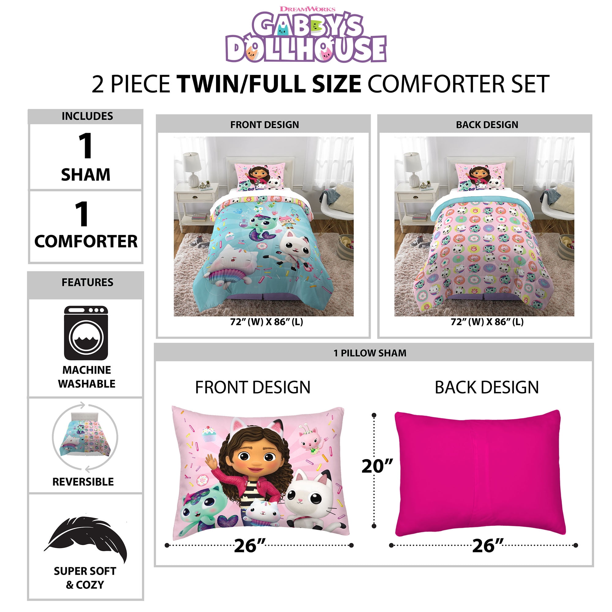 Gabby'S Dollhouse Kids 2-Piece Twin/Full Comforter Set, Reversible, Microfiber