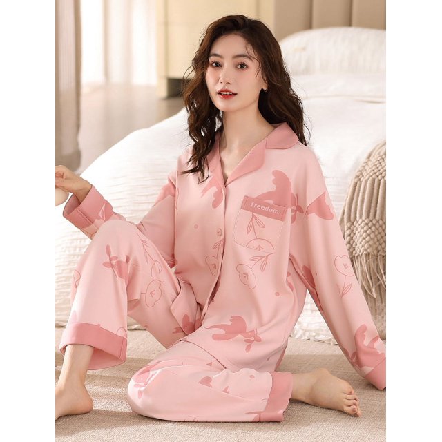 Pijama de primavera y otoño para mujer, cárdigan de manga larga de algodón, ropa exterior holgada informal, conjunto de ropa para el hogar de otoño e invierno