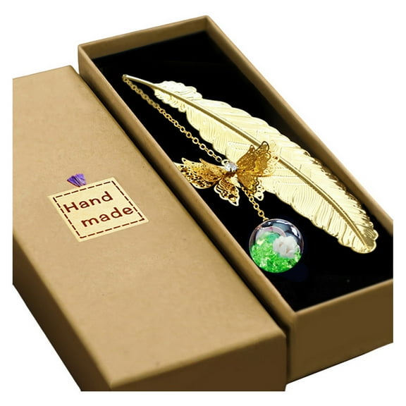 Huanledash Bookmark Vintage Metal Feather Bookmark Realistic 3D Butterfly Pendant Dried Flower Book Lovers Teachers Gift Book Accessories with Gift Box