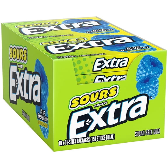 EXTRA SOURS Blue Raspberry Sugar Free Chewing Gum, Sour Candy Bulk Gum Packs, 15 Stick Pack, 10 Count