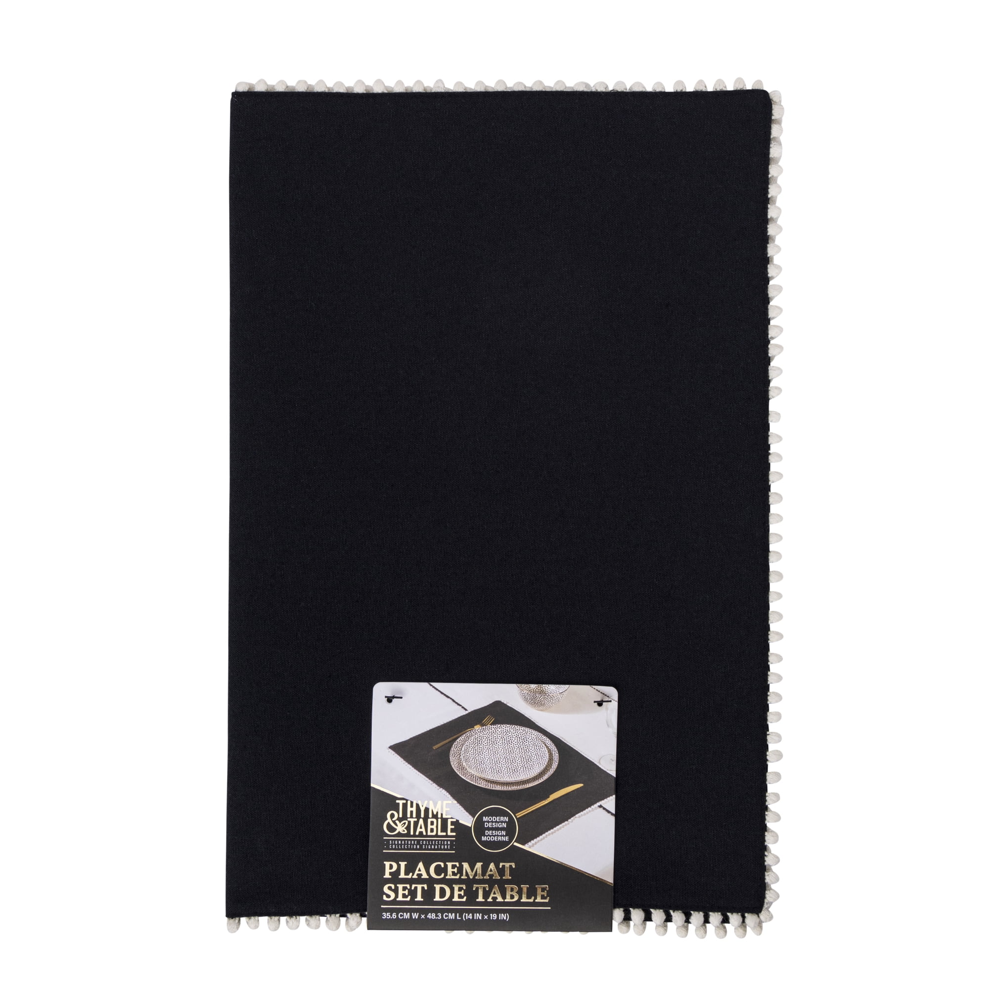 Thyme & Table Placemat, Ivory with Black Pom Pom Trim, 14 x 19"