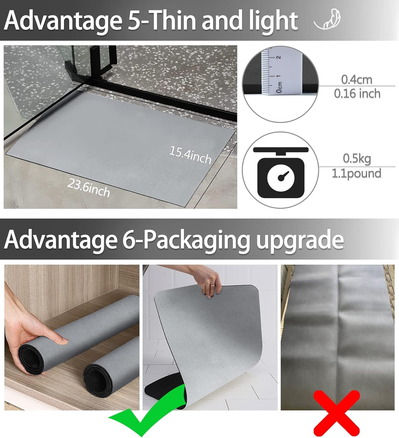 Thin Diatomaceous Earth Bath Mat,Non Slip Quick Dry Mats for Bathroom,Super Absorbency Bathtub Mats-Washable Shower Mat Bathroom Floor Mat(Grey,16"x24")