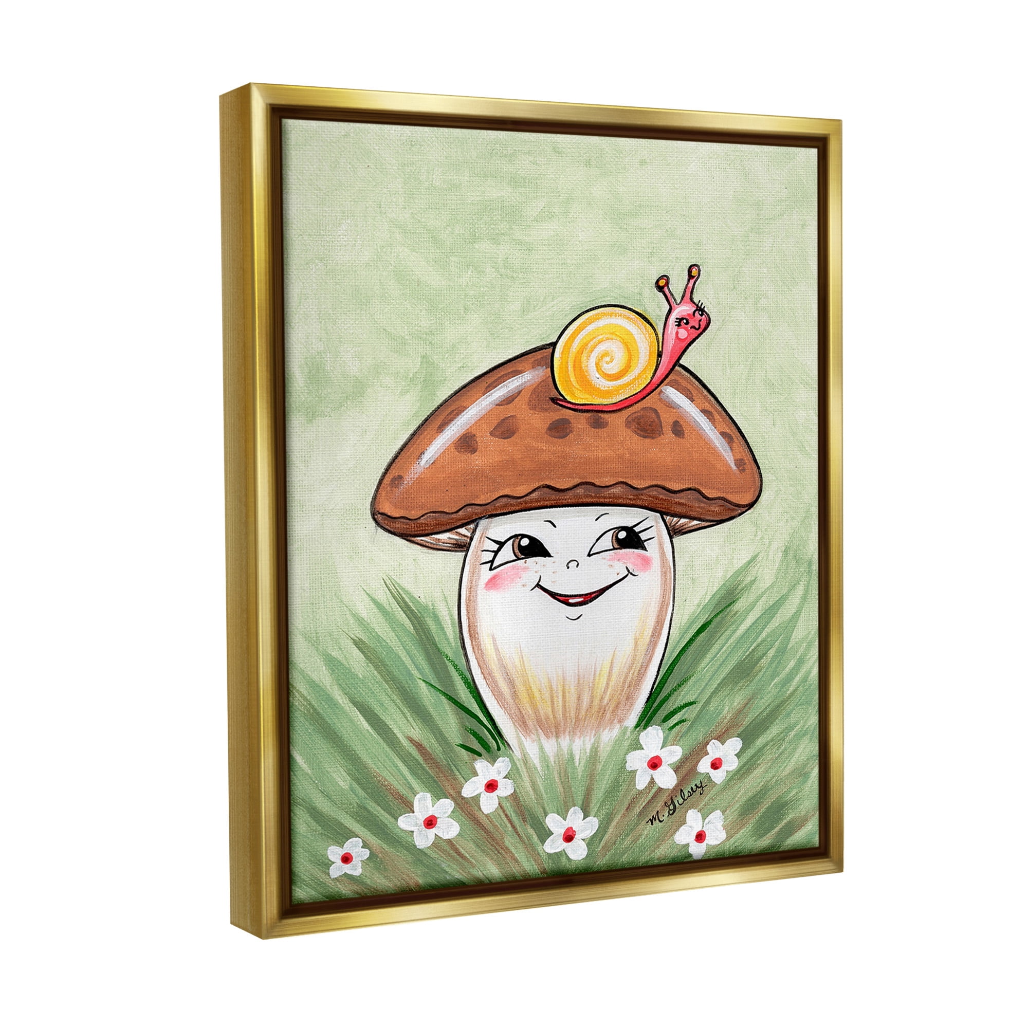 Stupell Industries Smiling Mushroom & Snail Botanical & Floral Painting Gold Floater Framed Canvas Art Print Wall Art, 25 x 31