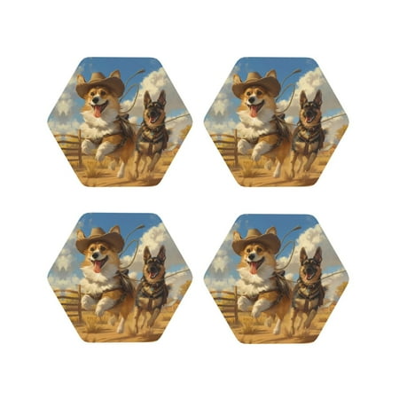 

Coasters Set of 4 - Farm Corgi German Shepherd Drink Coasters for Tabletop Protection Leather Coasters for Living Room Decor and Housewarming Gift Hexagon