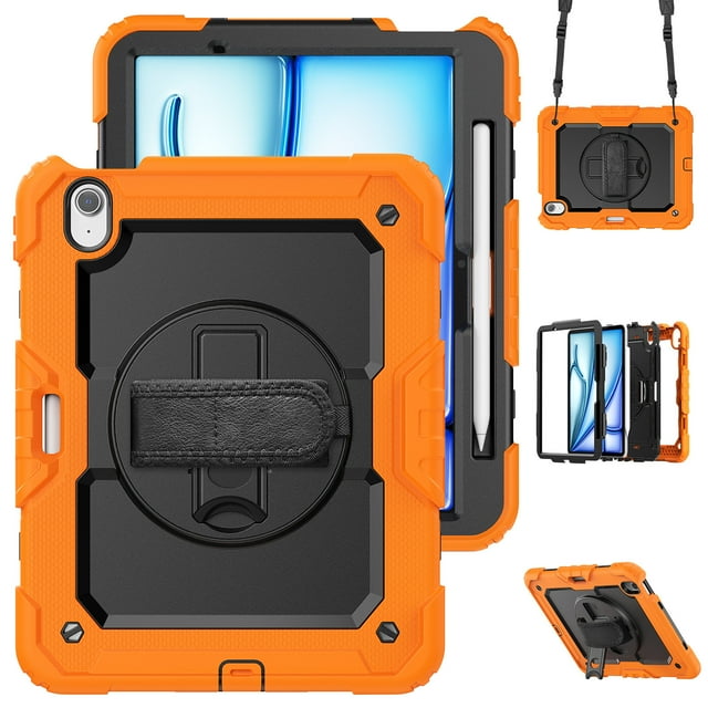 Case for iPad Air 11 Inch M3 2025/M2 2024 (7th/6th Gen) with Screen Protector, 360 Degree Rotating Kickstand Hand Strap Heavy Duty Shockproof Cover with Shoulder Strap, Orange