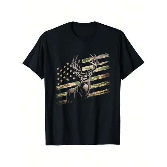 Men's Deer Hunting T-Shirt American Flag Camo Buck Graphic Tee