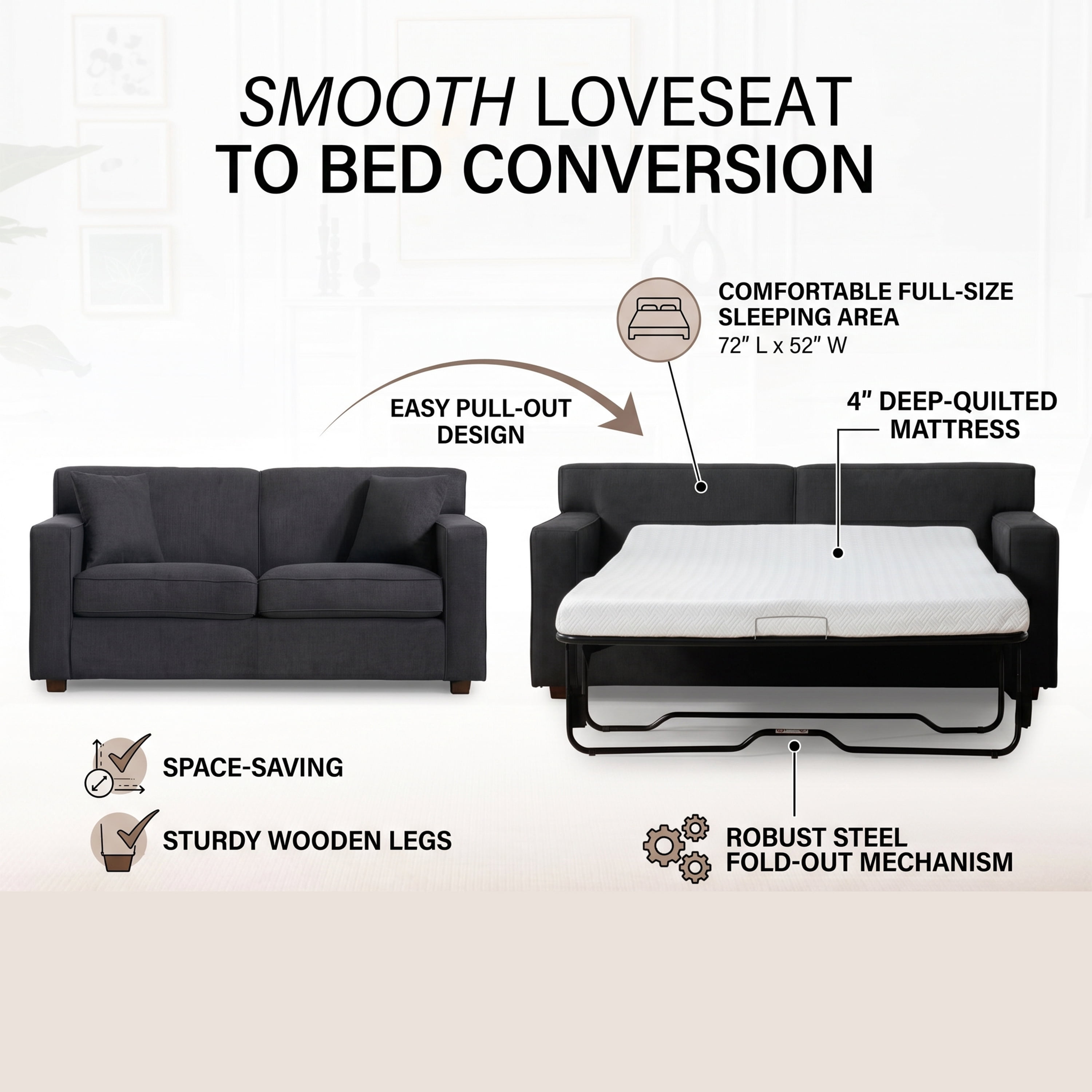 76" Modern Loveseat Sleeper Sofa with 4" Full Bed & 2 Pillows, Dark Gray