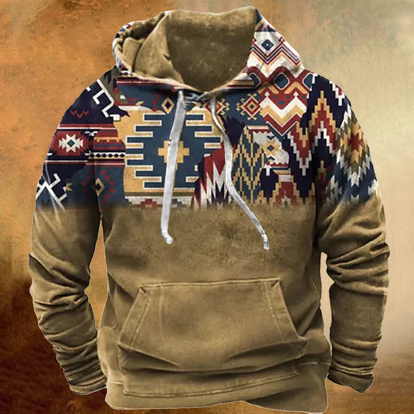 ZCFZJW Mens Western Hoodie Sweatshirts Vintage Aztec Print Long Sleeve Hooded Pullover Tops Lightweight Trendy Pacthwork Warm Coat with Pockets Z15-Brown XXXL