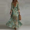 thumbnail image 3 of Green Floral Print V-Neck Wrap Maxi Dress With Ruched Waist And Flared Sleeves, 3 of 5