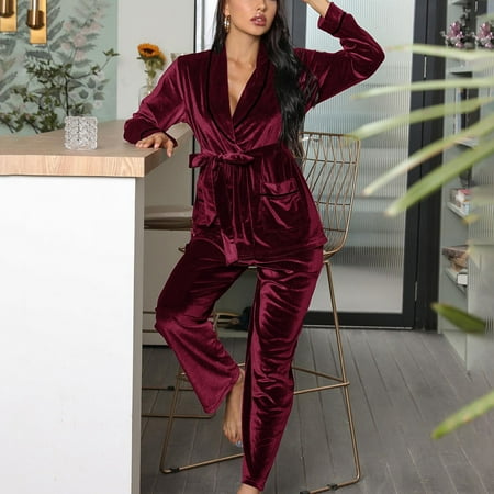 

SELONE Pajama Set Lingerie for Women Casual V Neck Loose Fit Bandage Fall Winter Solid Lapel V Neck Pajama Sets Nightgowns Pj Set Camisole for Valentines Day Anniversary Wedding Honeymoon Wine XL