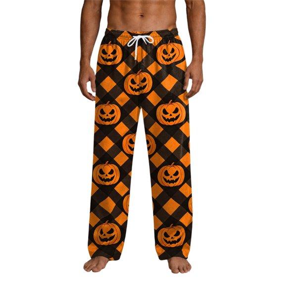 Yuncity Halloween Men'S Pajama Pants Square Block Pumpkin Print Loungewear Bottoms Loose Fit Drawstring Waist Comfortable Sleep Pant Size L Orange