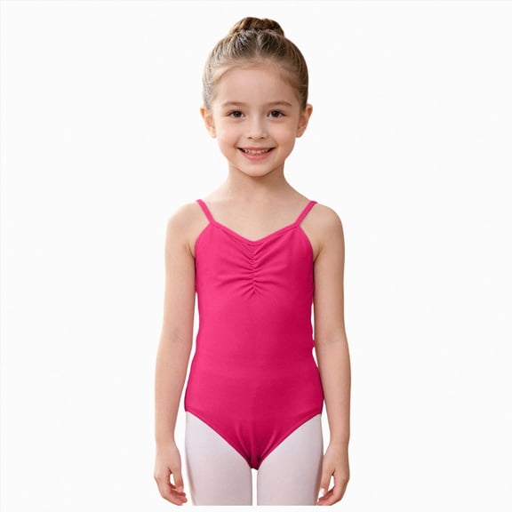 Girls Camisole Dance Leotard with Ruched V-Neck,Sleeveless Ballet Bodysuit