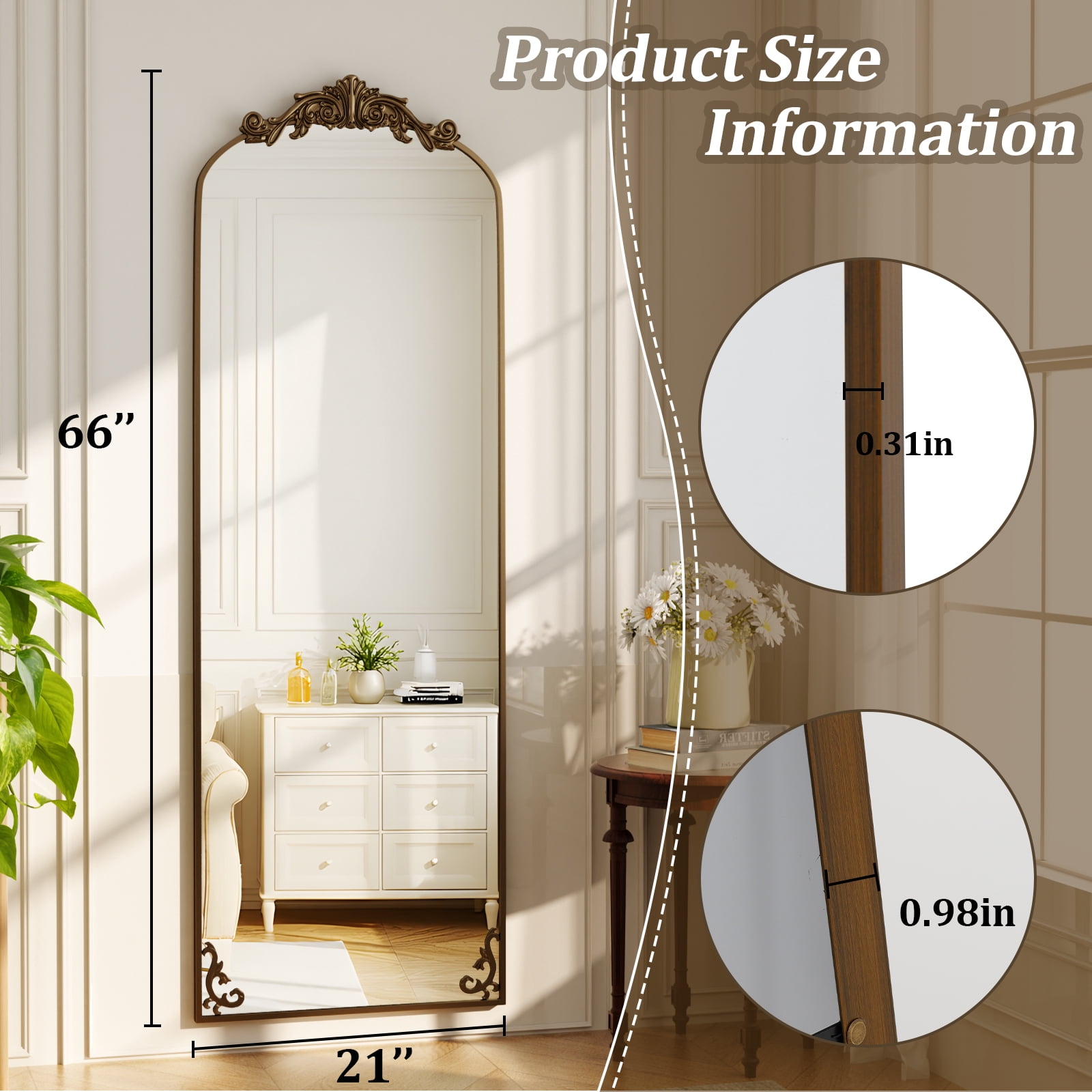 Puremirror 21"x66" Vintage Arched Full Length Mirror Antique Carved Floor Mirror, Bronze