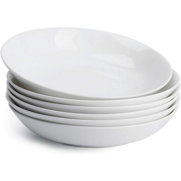 HHHC Pasta Bowls, Salad Serving Bowls Set, Wide and Shallow, 22 Ounce Porcelain Bowl, Microwave and Dishwasher Safe - Set of 6, White