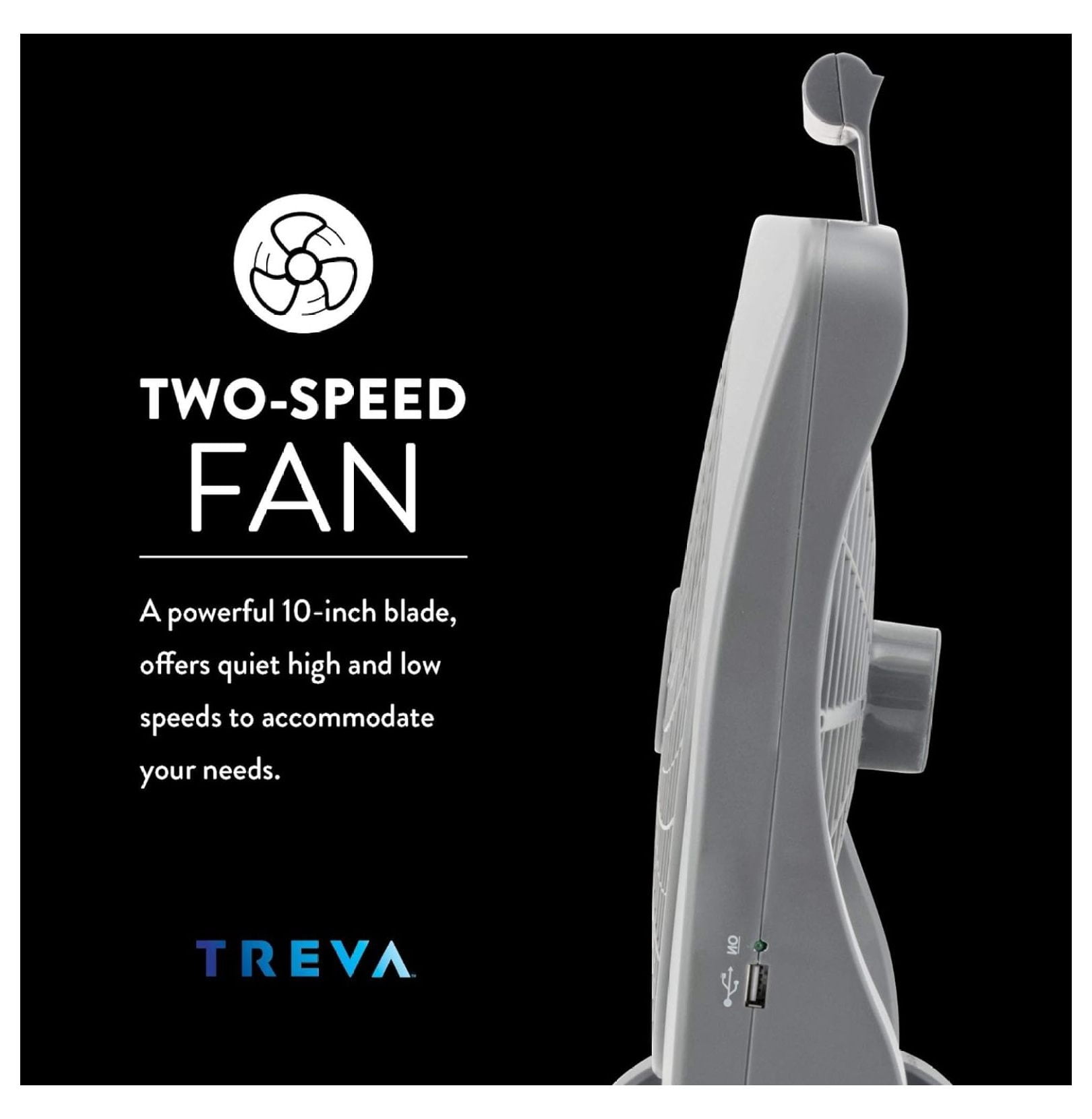 Treva 10 inch Rechargeable Portable Fan Smart Power Air Circulator. Plug-In Adapter and Battery Powered, USB Charging Port, For Camping Travel and Indoors Use