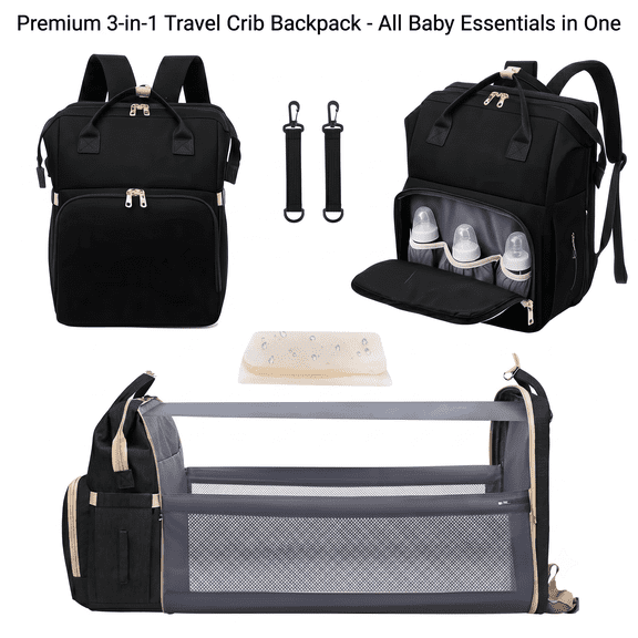 Multi-Functional Design 3-in-1 Diaper Bag Backpack with a foldable travel crib and changing station.