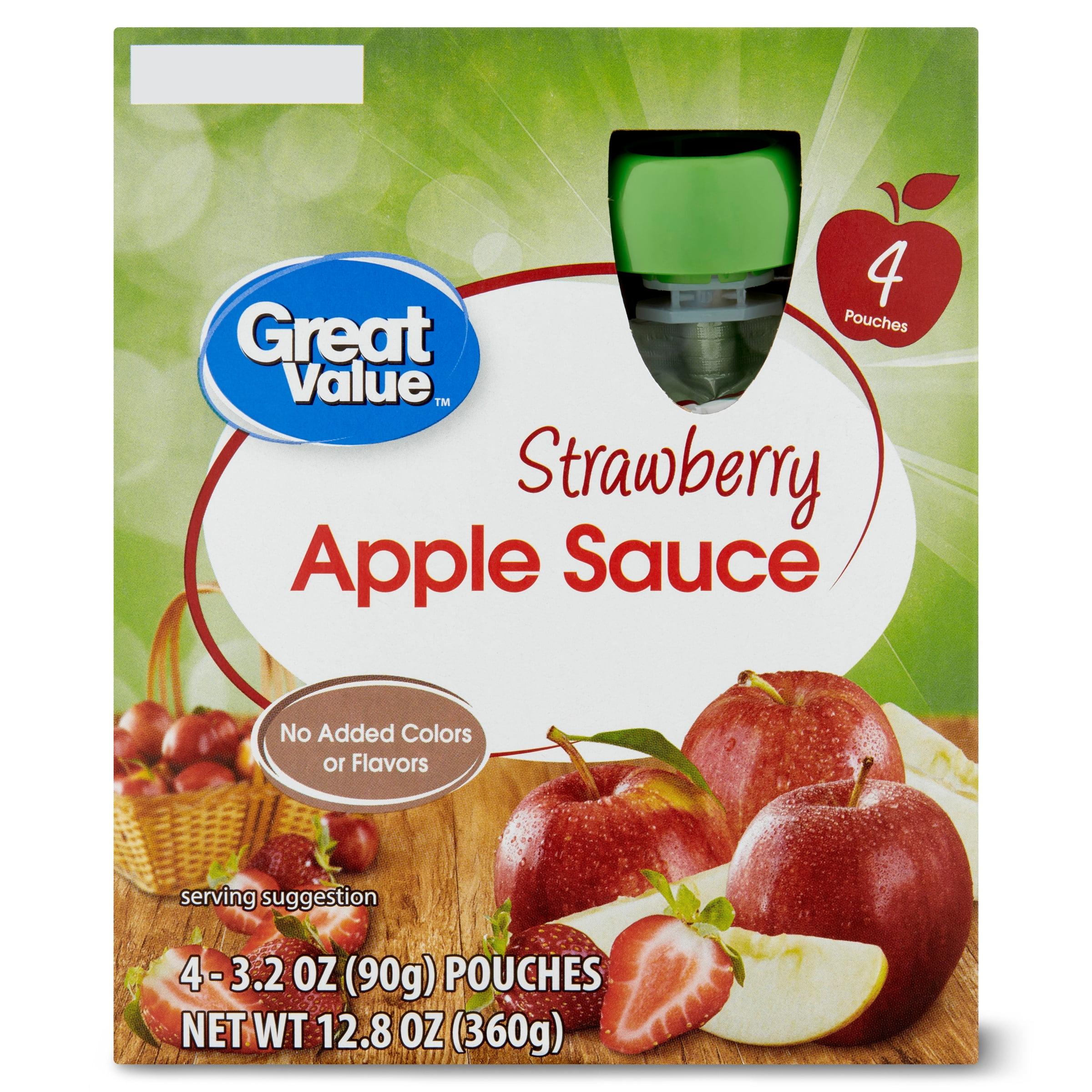 Great Value Applesauce Pouches, Strawberry, 3.2 oz, 4 Ct