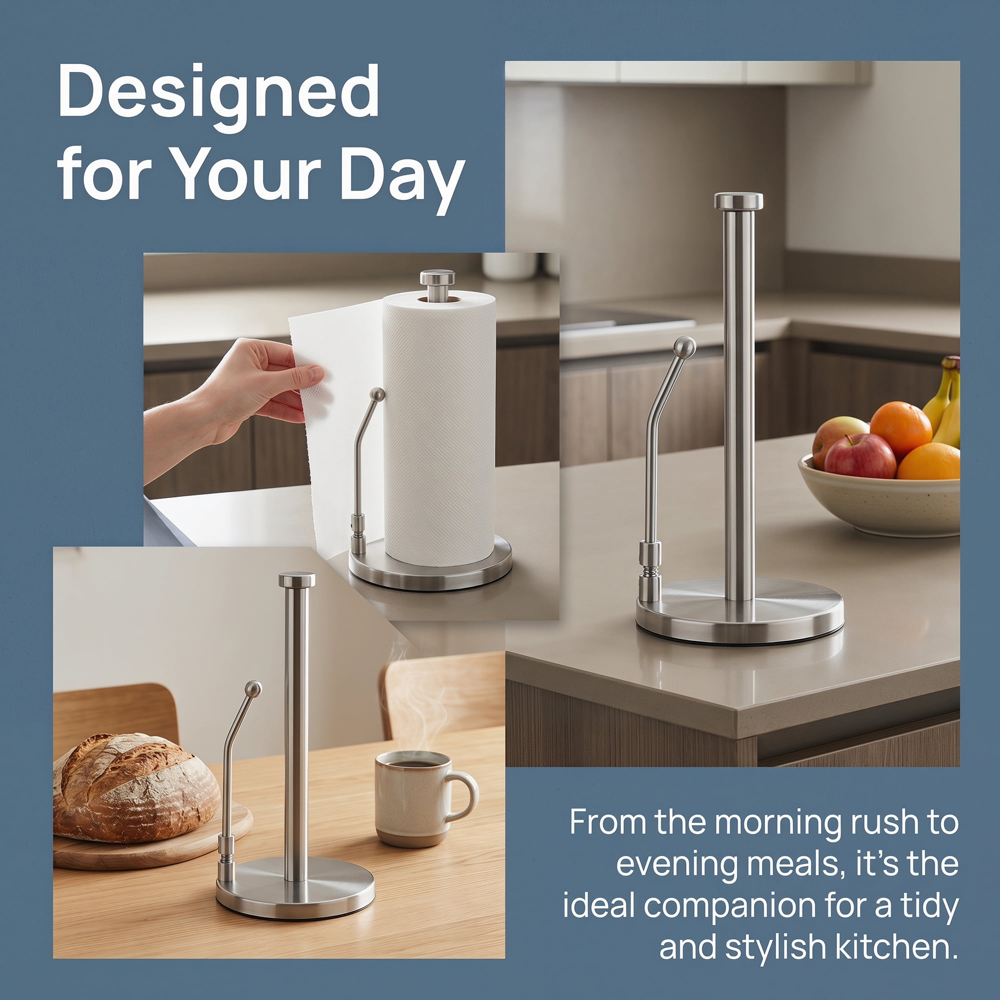 Unique Bargains Paper Towel Holder Countertop Weighted Base Silver EVA 12.7x6.7in