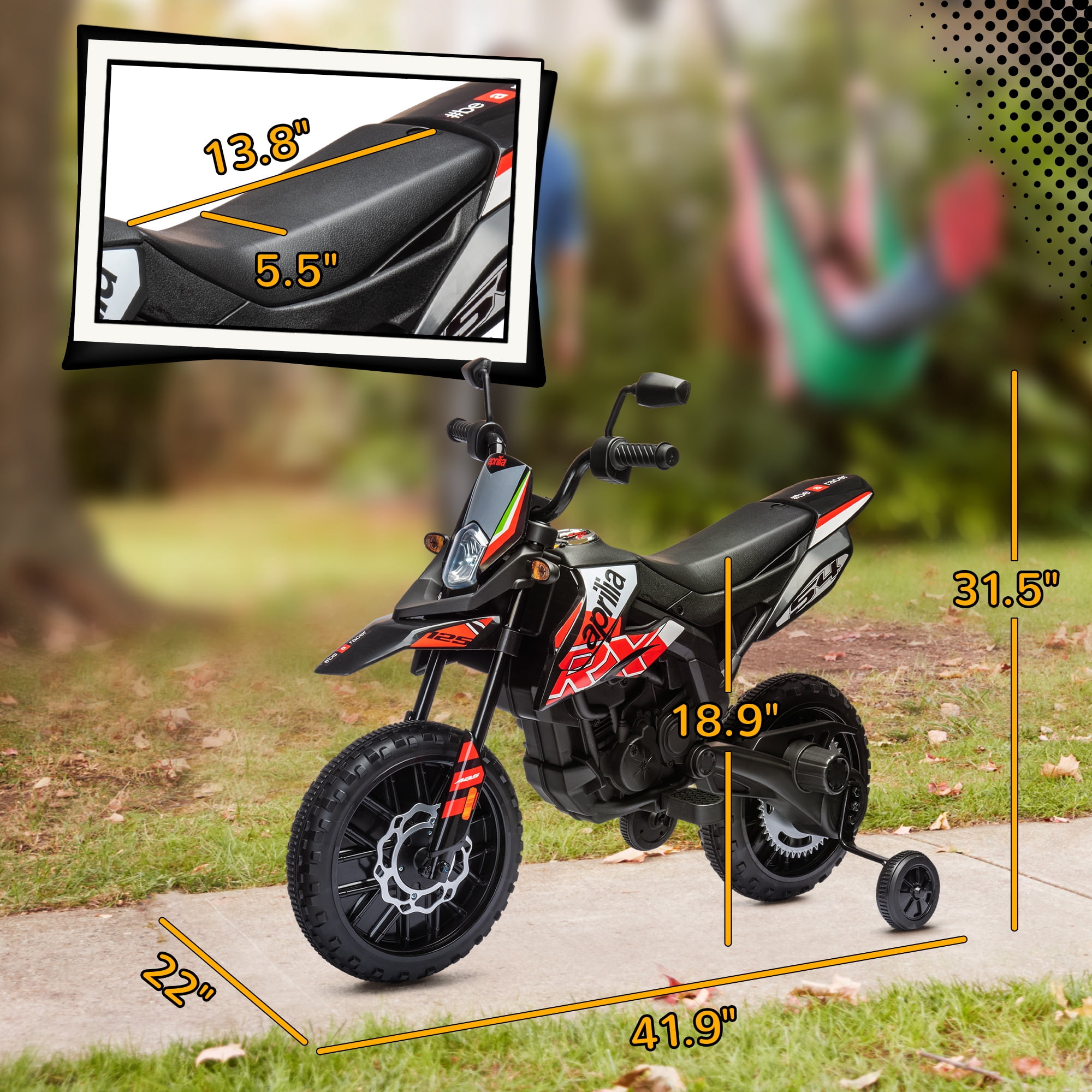 Qaba 12V Kids Motorcycle, Aprilia Licenced Electric Motorcycle for Kids with Training Wheels, Spring Suspension, LED Light, USB, Music, Red