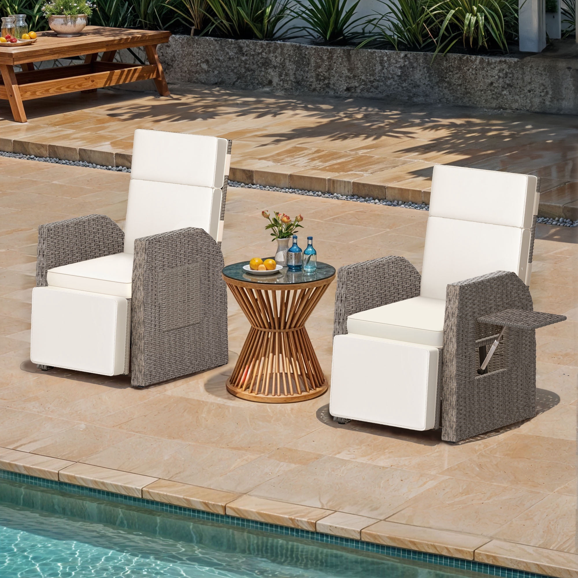 Uforic Beige Adjustable Outdoor Lounge Chair, Wicker Patio Recliner with Adjustable Angles, Side Flip Table and Thick Soft Cushion, Perfect for Deck, Backyard, Poolside and Outdoor Relaxation