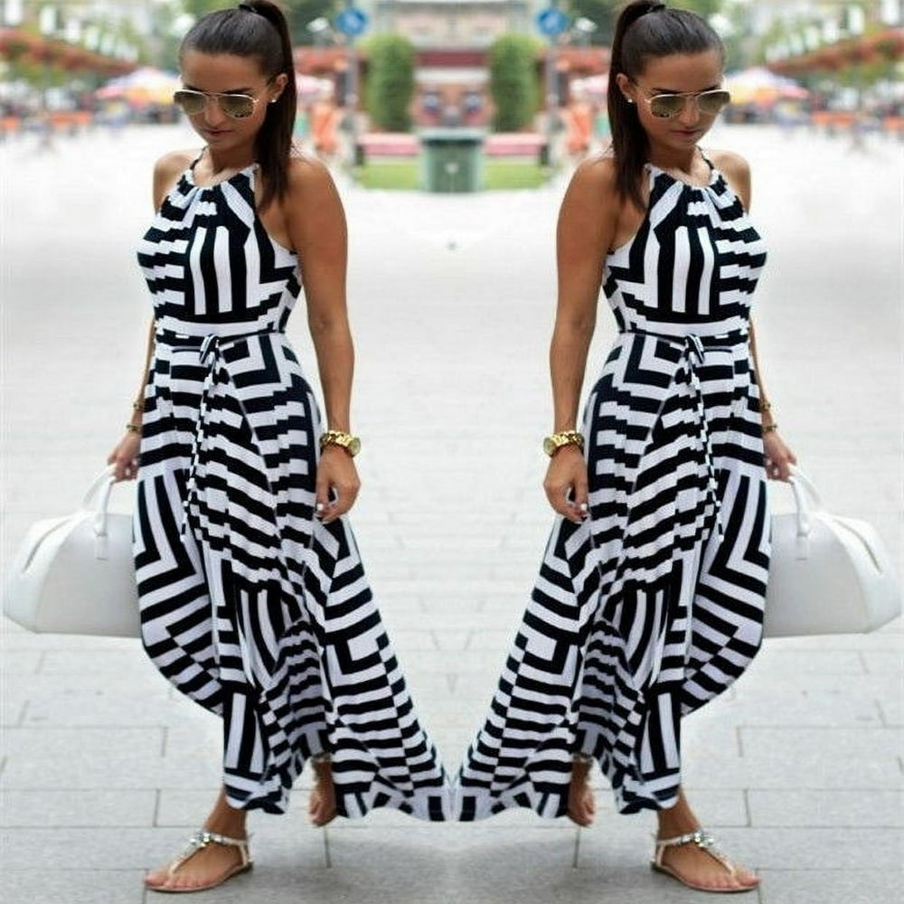 Robe à Bretelles Mimi Chica - Noire Et Gris Rayée, Longueur Genou, Taille M, En Rayon