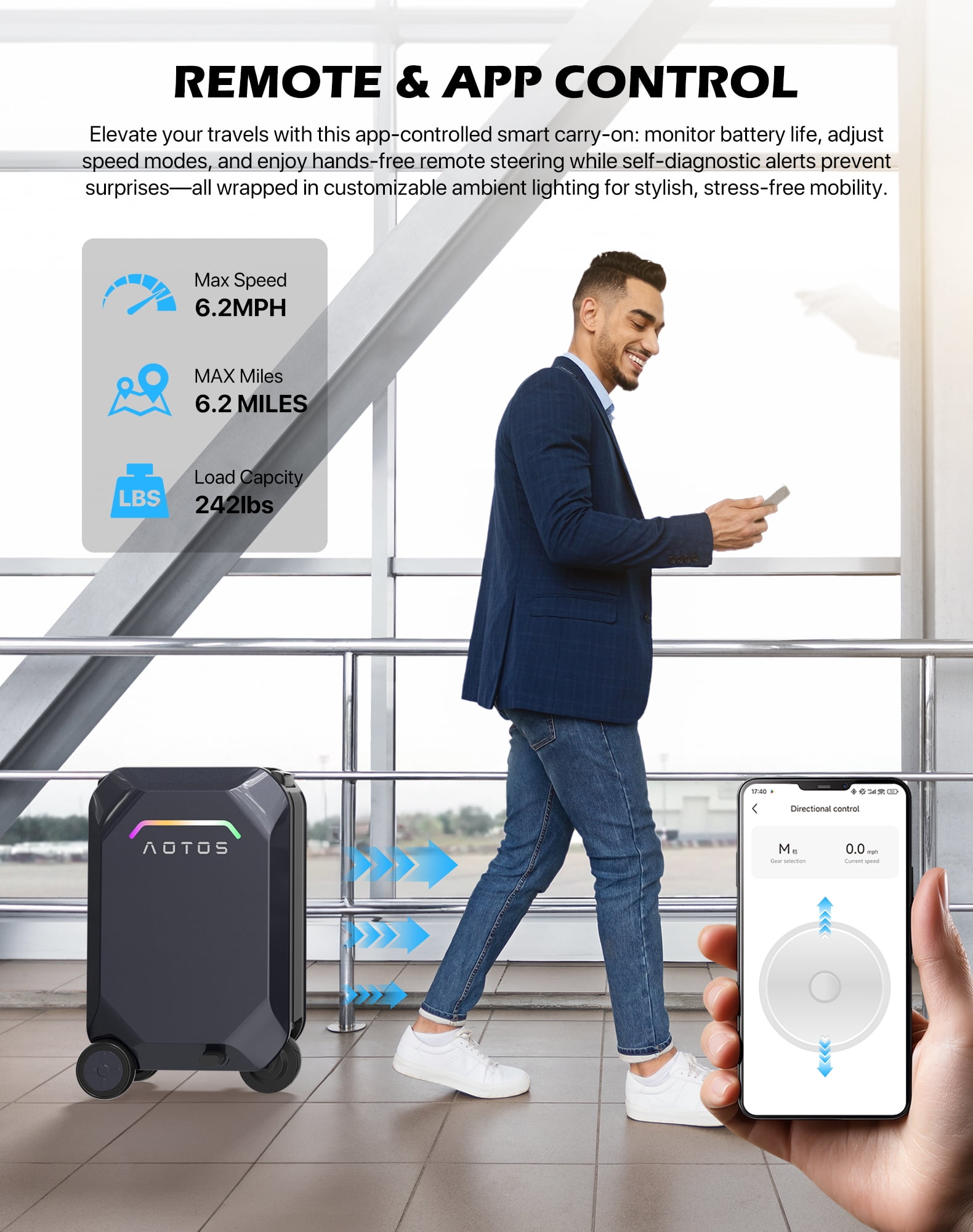 AOTOS Smart Rideable Carry-On Luggage, 22 Inch TSA-Approved Hardshell Cabin Suitcase, Zipperless Design with Rolling Wheels & App Control for Travel, Gray