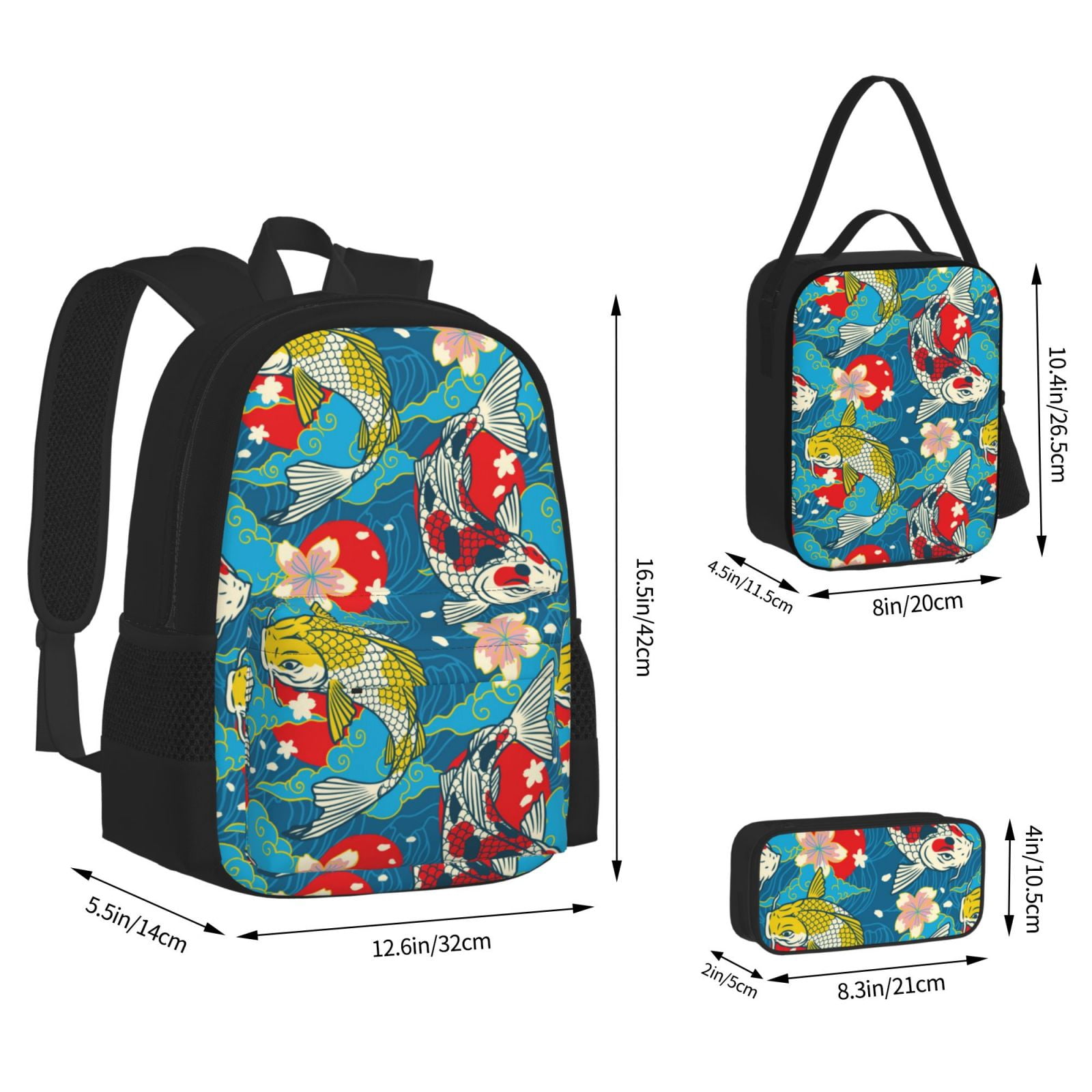 Naloa Japanese Koi Print Large Capacity Backpack Lunch Bag Pencil Case Combination 3 Piece Set for Student
