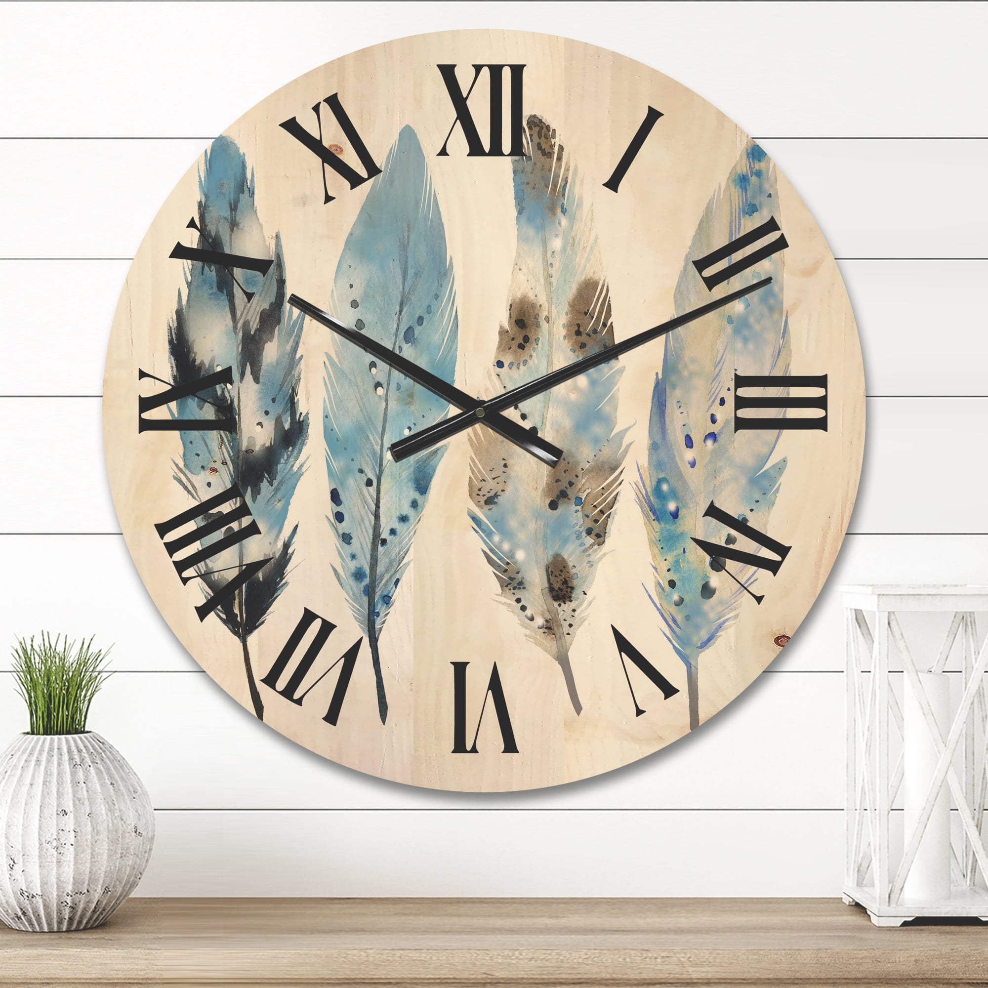 Designart 'Abstract Blue Boho Feathers I' Bohemian & Eclectic Wood Wall Clock