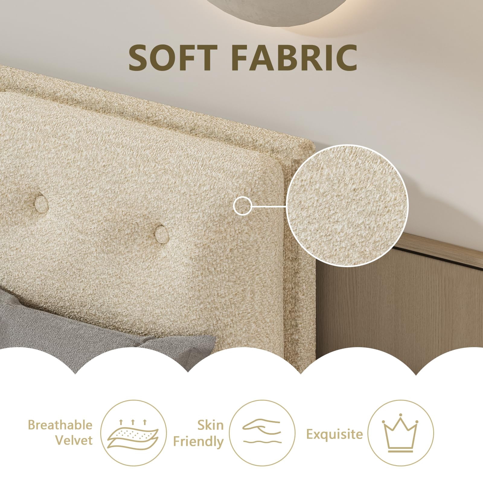 4 EVER WINNER Queen Bed Frame, Queen Size Bed Frame with Headboard, Boucle Bed Frame with Removable Pillow Upholstery, No Box Spring Required, Easy Assembly, Cream
