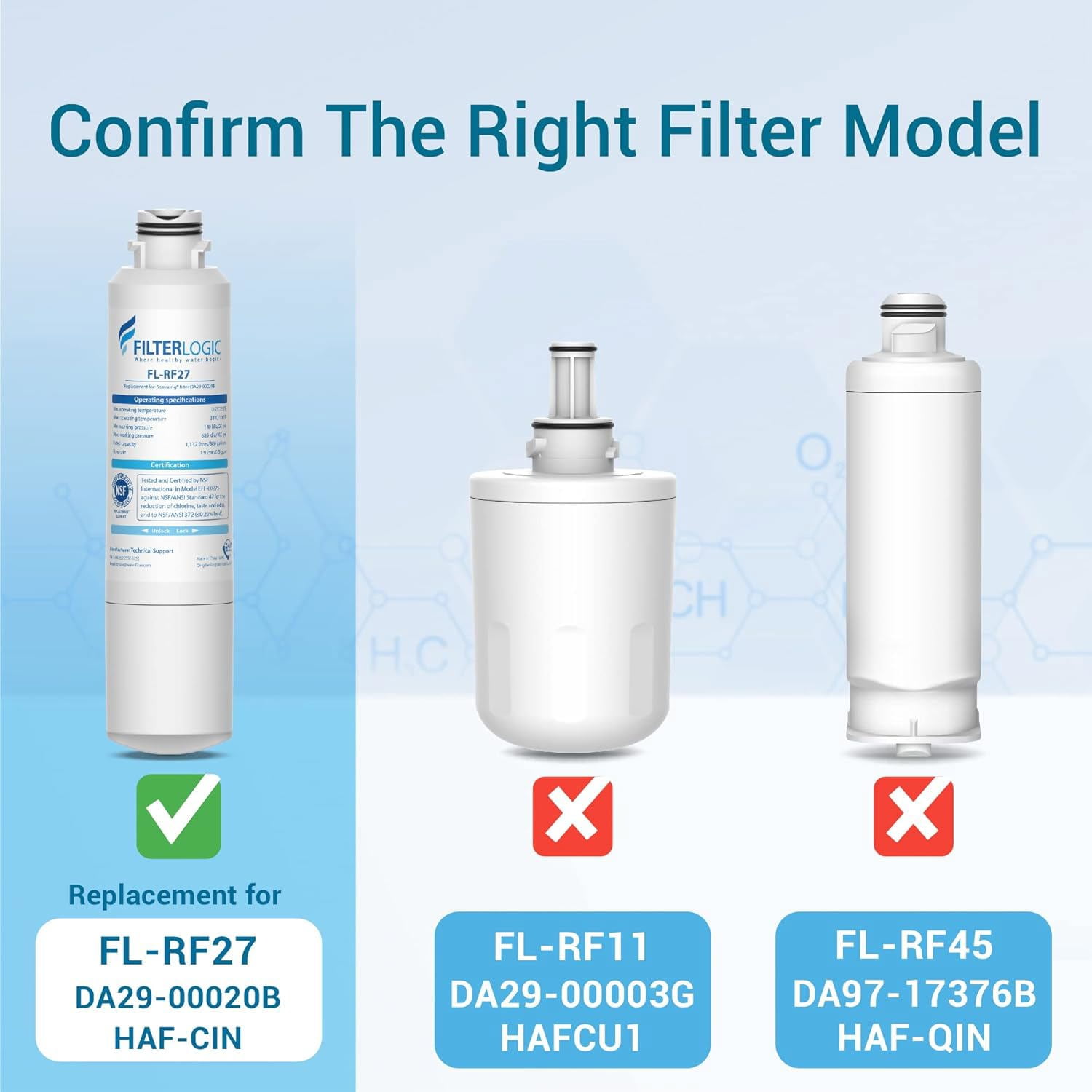 Filterlogic FL-RF27 Refrigerator Water Filter Replacement for Samsung®DA29-00020B,RF28HMEDBSR, RF263BEAESR, HDX FMS-2, HAF-CIN/EXP, DA97-08006A-1, DA29-00020B-1, RF4287HARS, RFG297HDRS, 4 PACK