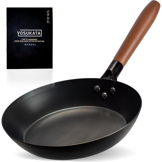 YOSUKATA Coating-Free Carbon Steel Pan - Durable 10 1/4 Inch Frying Pan - Pans for Cooking Delicious Meals - Carbon Steel Pan with Removable Heat-Resistant Wooden Handle - Fry Pan