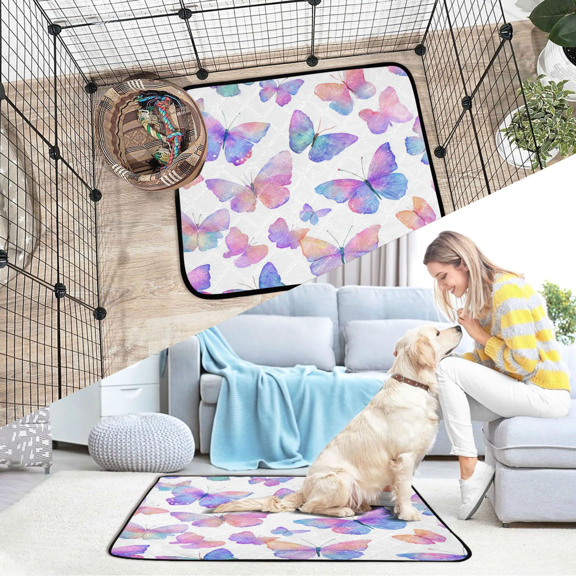 Qxltty Colorful Butterflies Cat litter Pads Pet Set of 3 Diaper Mats Center Anti-leakage Layer Absorbent Soft and Comfortable