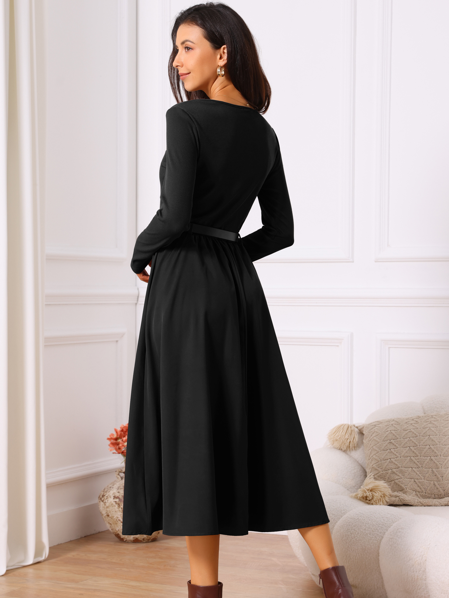 DARING DIVA Midi Dress Crewneck Long Sleeve Flowy Dress S Black