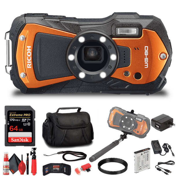 Ricoh WG-80 Waterproof Digital Camera (Orange) with 64GB Extreme Pro SD  Card + Small Case + Selfie Stick + Memory Card Wallet + Memory Card Reader  +