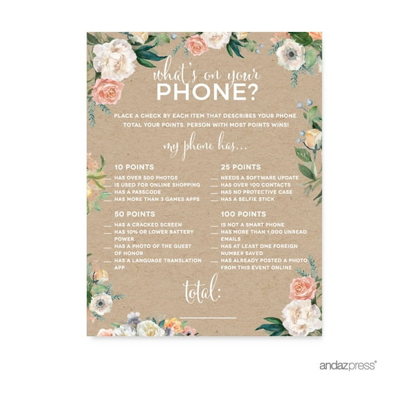 Peach Rustic Floral Garden Party, What's on Your Phone? Game Cards, 20-Pack, Games