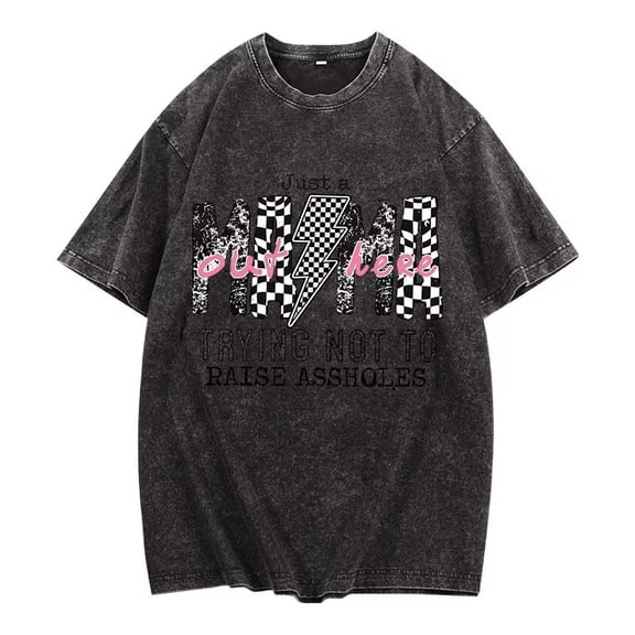 Just a Mama out here doing my best Graphic Tees Fashion Print T Shirts Acid Washed Casual Short Sleeve Cotton Tops for Daily Outfits Black,L