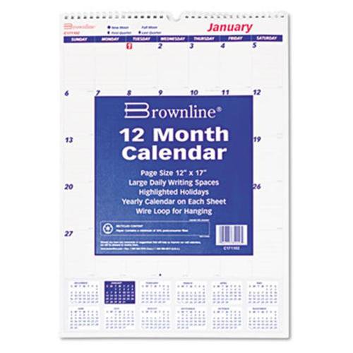 Brownline C171102 One Month Per Page Twin Wirebound Wall Calendar 12 x
