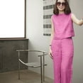 thumbnail image 6 of Pink Season 2Pcs/Set O-neck Sleeveless High Waist Pockets Lady Outfit Solid Color Short Vest Wide Leg Long Pants Set, 6 of 8