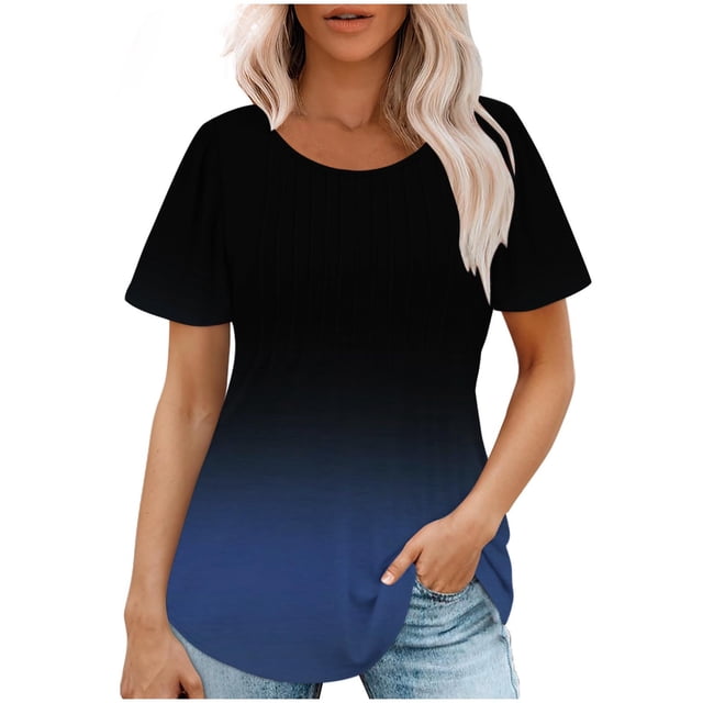 Plebaso Hauts pour Femmes Été Manches Courtes Col Rond Tunique Habillée Ample Mode Dégradé de Couleur Blouses