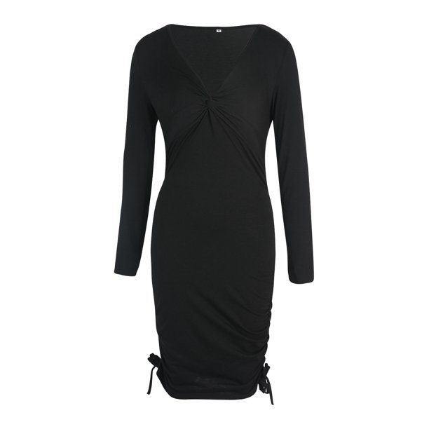 VISgogo, vestido ajustado Sexy con cuello en V para mujer, falda corta fruncida de manga larga con cordón lateral de Color sólido para mujer de otoño VISgogo moda