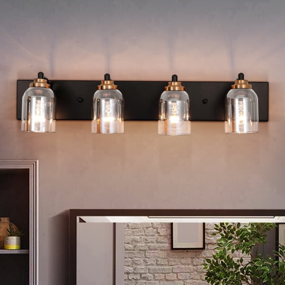 Matte Black Bathroom Vanity Light 4-Lights Industrial Black Vanity Lights Clear Glass Vintage Matte Black Wall Mount Light Fixtures for Bathroom