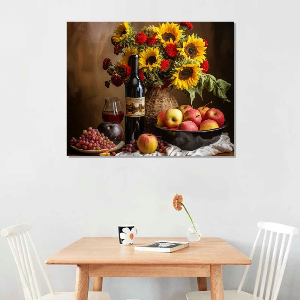 Nawypu Kitchen Wall Art Wine Pictures Wall Decor Large Canvas Wall Art for Living Room Dining Room Brown Vintage Home Decor Neutral Red Wine Bottles Artwork for Walls Sunflower Paintings for Wall