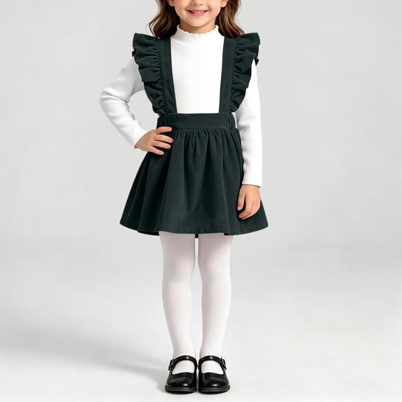 Girls Solid Corduroy Ruffle Suspender Pinafore Dress Sleeveless Layerable Jumper Skirt Vintage Fall Winter Outfit for Little Girls Green 7-8 Years