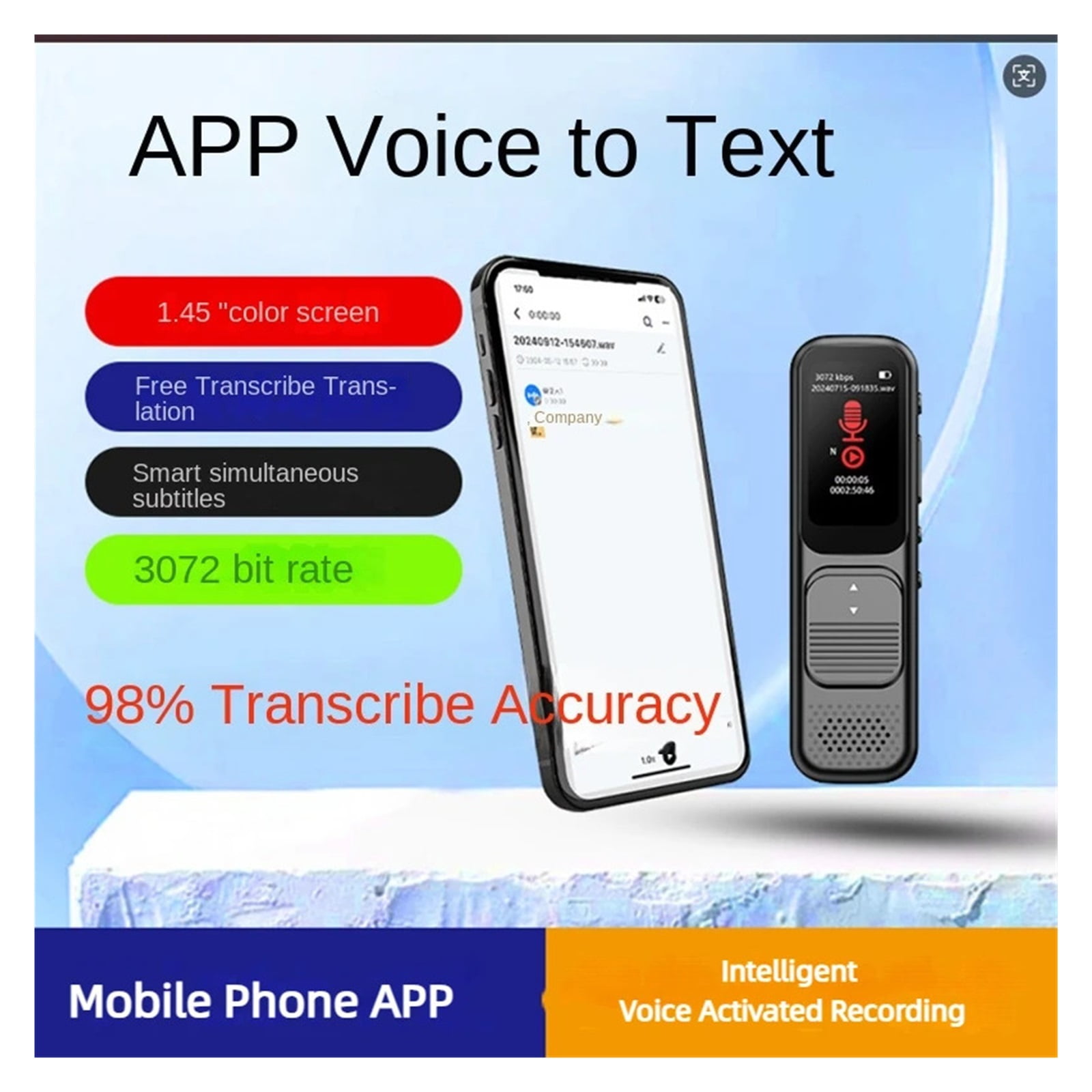 Powered Voice Recorder Mini Call Recorder with Speech-to-Text & Summarize 100Language