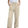 thumbnail image 5 of TZZQ Linen Capris Pants for Women Petite Beach Pants Straight Wide Leg Casual Drawstring Elastic Waist Cropped Trousers with Pockets Loose Comfy Summer Tulip-Hem Ankle Length Trousers Beige L, 5 of 9
