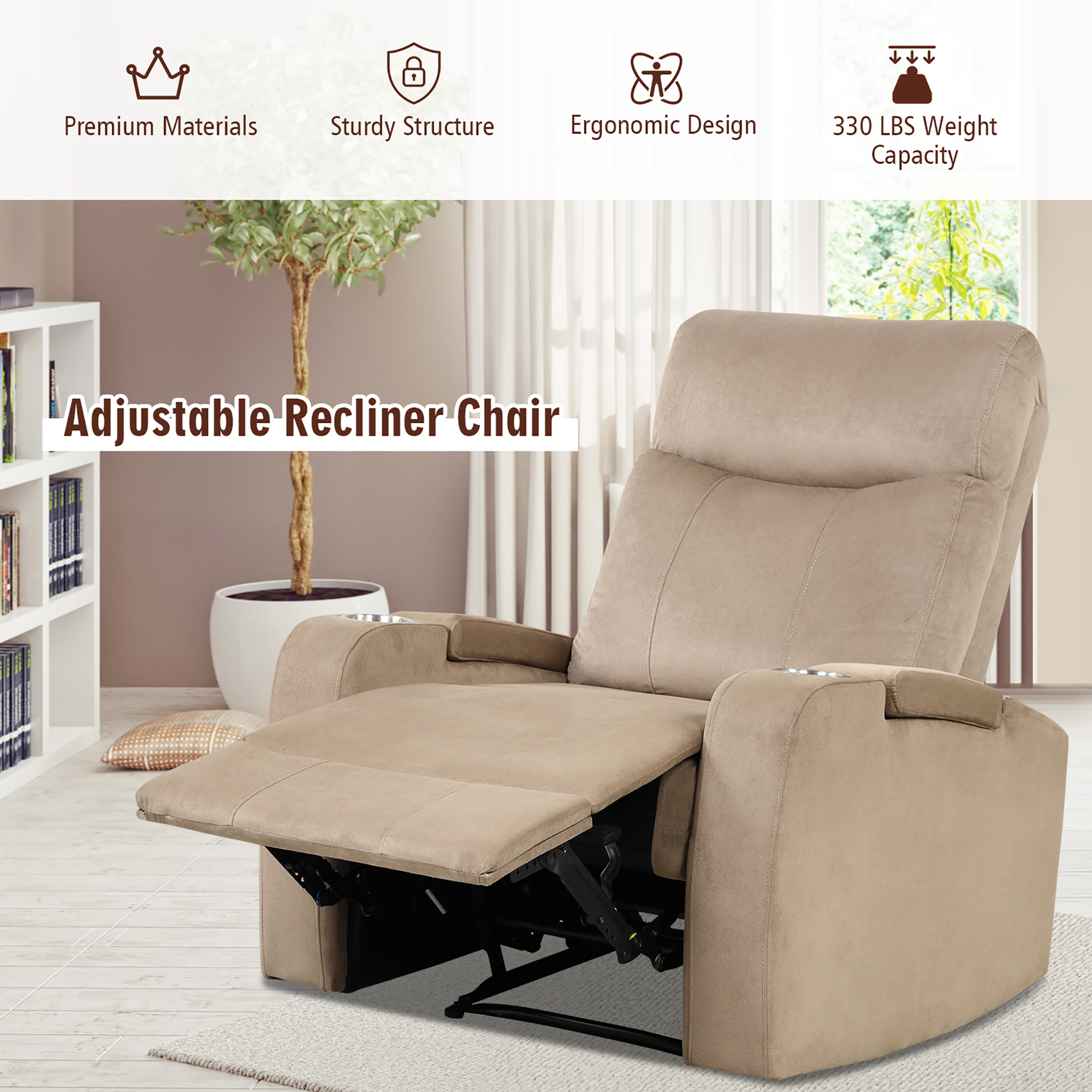 Costway Recliner Chair Single Sofa Lounger with Arm Storage & Cup Holder Brown