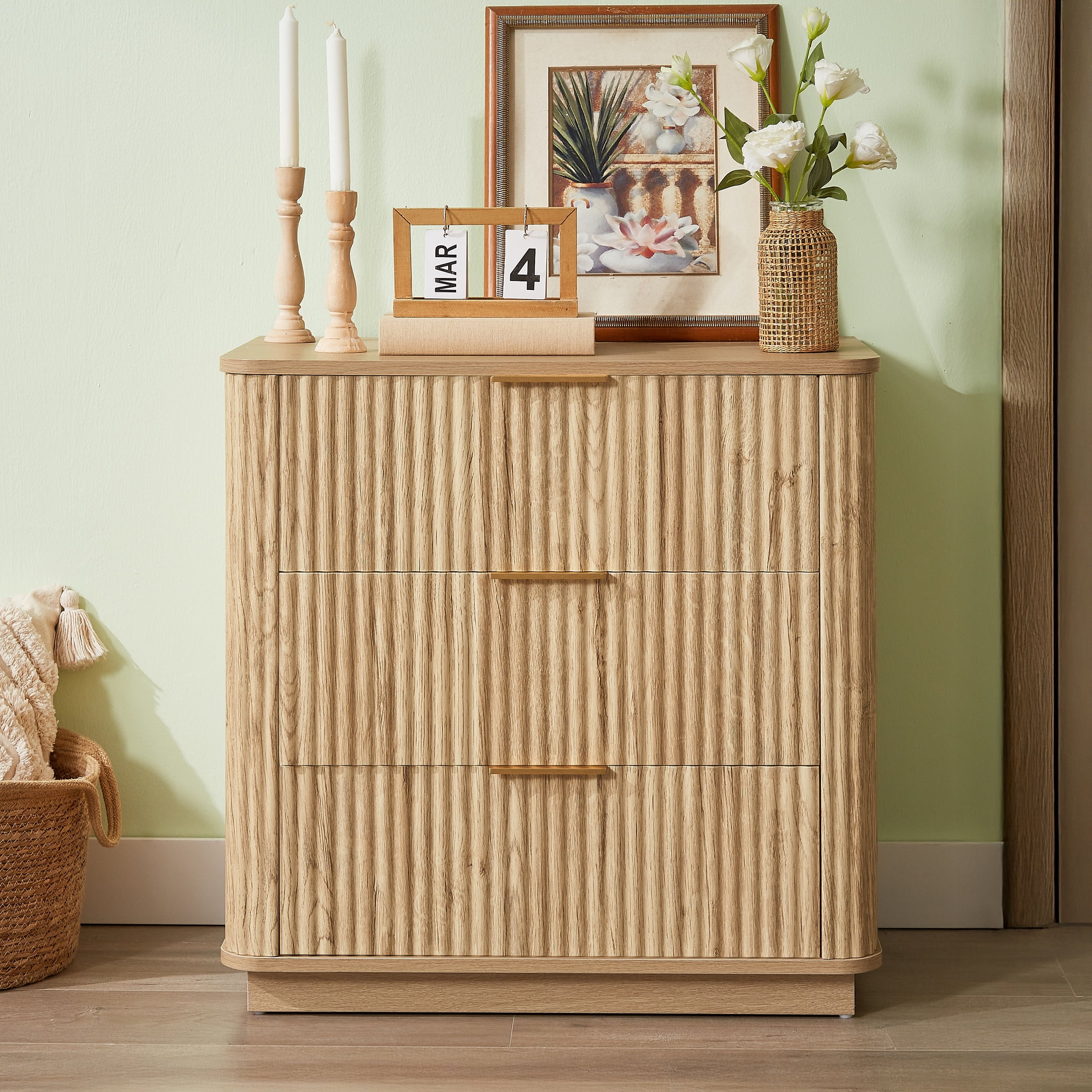 Noble House 28" 3-Drawer Bedroom Dresser, Wide Modern Chest of Drawers with Curved Wave Design, Oak, Set of 2