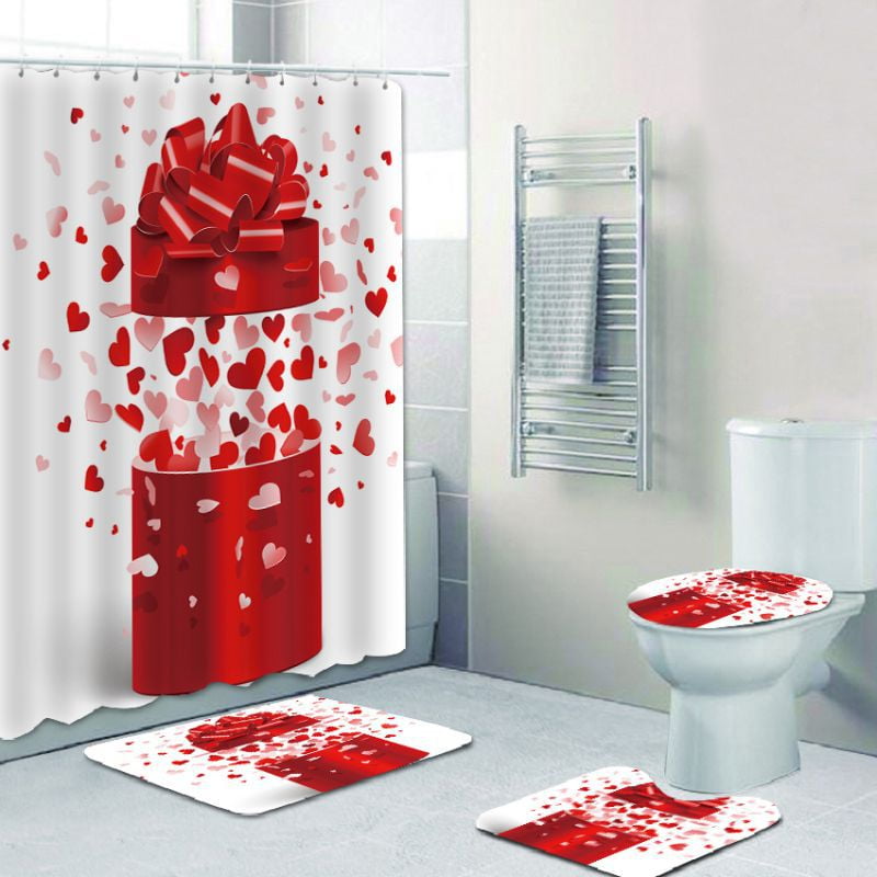 4PCS/Set Valentine's Day Bathroom Shower Curtain Bath Mat Toilet Rug Lid Cover 